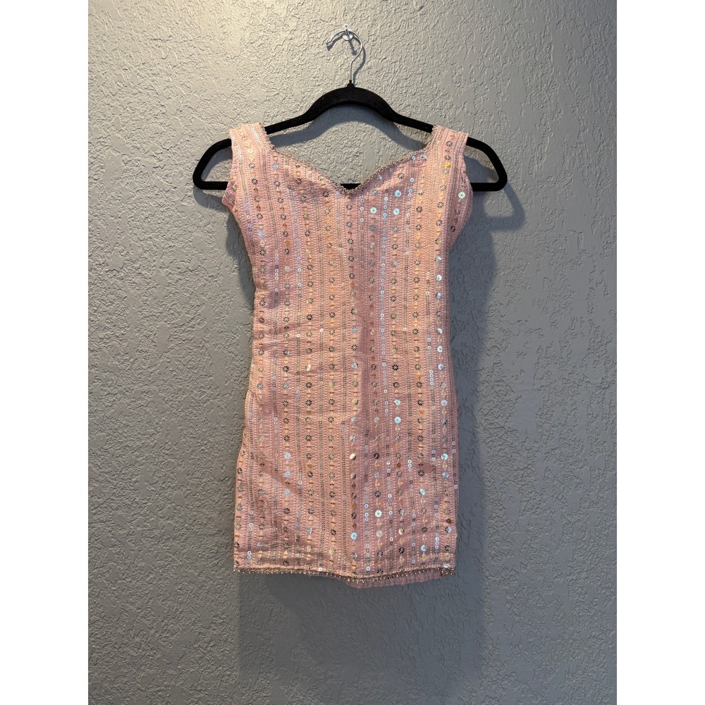 Pink Sequin Embroidered Kurti Tunic Sleeveless V-Neck Beaded Tassels South Asian